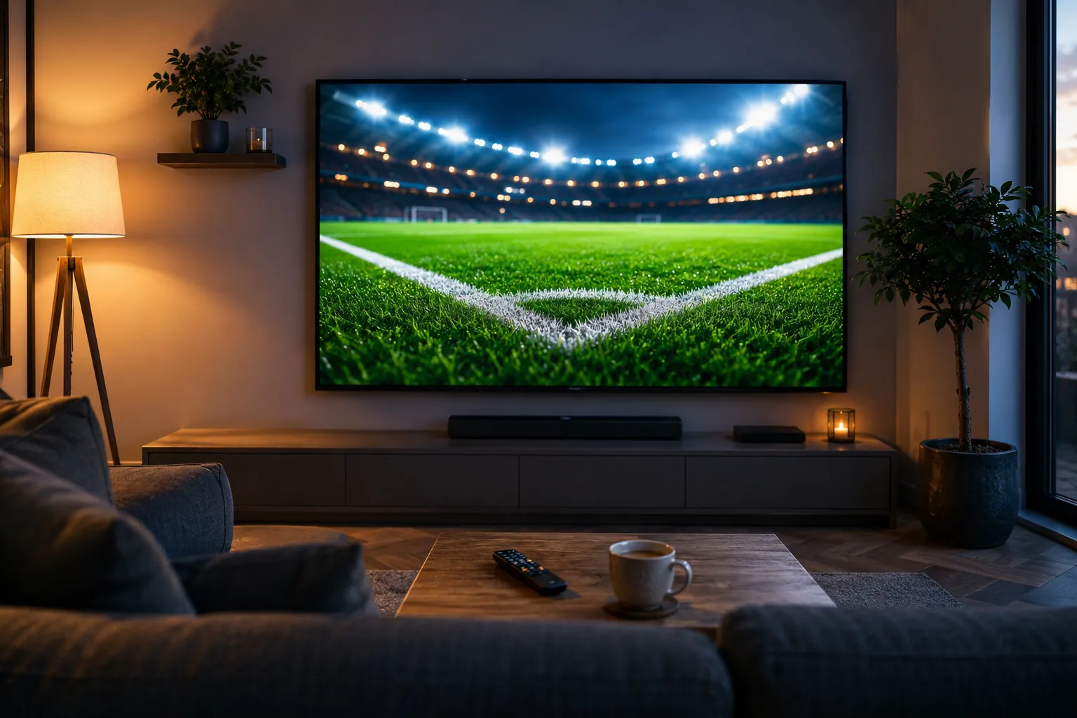 A UK living room with a large 4K television displaying vivid live sport in stunning detail